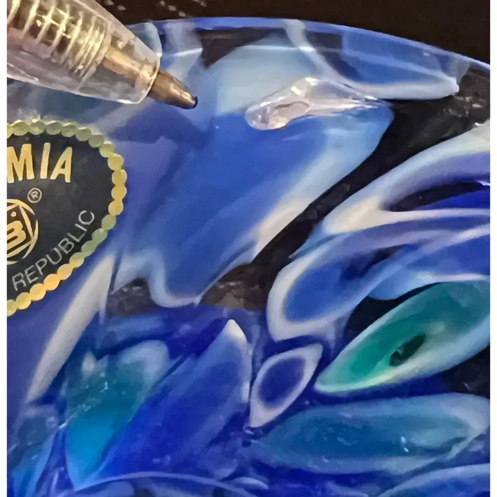 Bohemia Czech Republic Vase Blue & Green Swirl Blown Glass  6” READ Gift Art